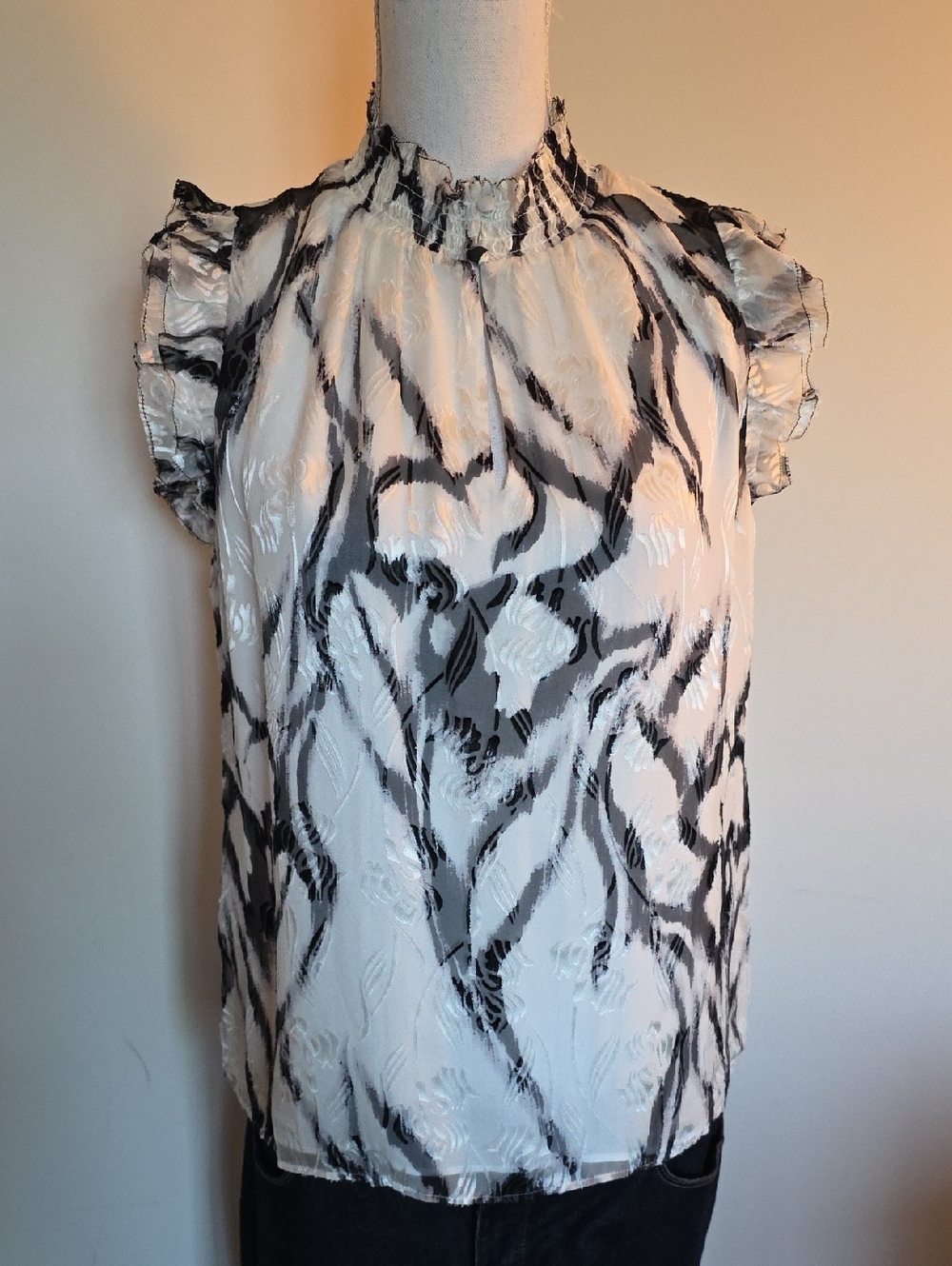 White House Black Market Black & White Ruffled Mock Neck Blouse